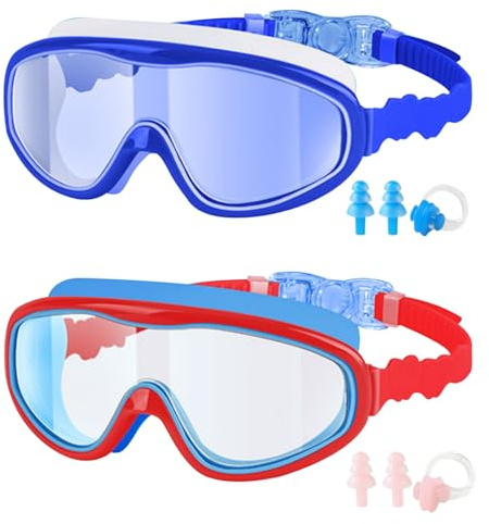 HTTDSLF Occhialini Nuoto Bambini con Anti-Appannamento, Vista Ampia, Regolazione a Pulsante, Occhialini Piscina Unisex per 3-15 Anni, con Clip Nasale + Tappo Auricolare