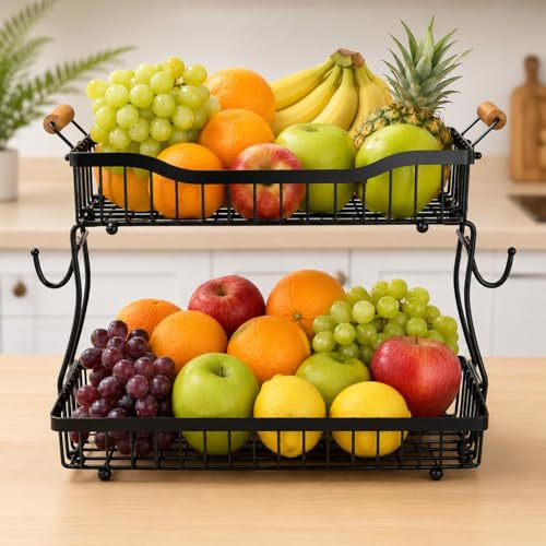 KINBOS 2 Tier Fruit Basket Stand for Kitchen, Wire Metal Organiser with Wooden Handles, Countertop Storage Rack, Matte Black