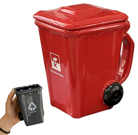 3D Recycling Bin Mug with Lid and Shovel Spoon, Funny Ceramic Trash Can Shaped Coffee Cup for Office, Desktop Pen Holder, Quirky Birthday Gift Idea for Men, Coworkers, Students (Red)