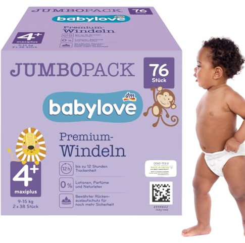 babylove Windeln Premium aktiv plus Größe 4+, maxiplus 9-20kg, Jumbo Pack 2x38 Stück, 76 St