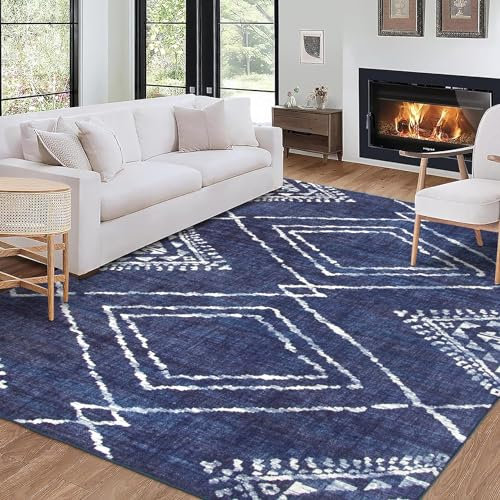 ReaLife Maschinenwaschbar Teppich Läufer - Wohnzimmer Schlafzimmer Badezimmer Küche Flur Büro - rutschfest Kurzflor Premium-Fleckenbeständig - Marokkanisch Diamant Tribal - Jax - Blau - 90 x 150