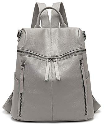 PORRASSO Mode Rucksack Damen Umhängetasche Mädchen Wasserdicht Daypack Universität Schultasche Leder Reise Arbeit Rucksäcke Grau