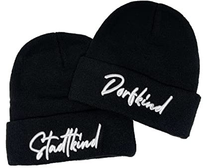 Outfitfabrik Beanie Set Stadtkind und Dorfkind in schwarz mit weißem 3D-Stick (2 Beanies, warme Wintermütze, Geschenk, Statement, Sprüche, Strick) für Männer und Frauen, dehnbar