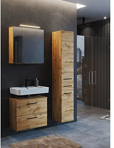 Lomadox Badezimmer Set Industrial Style 60 cm Waschbeckenunterschrank mit Hochschrank in Wotan Eiche Nb. inkl. Spiegelschrank, B/H/T: ca. 120/200/35 cm