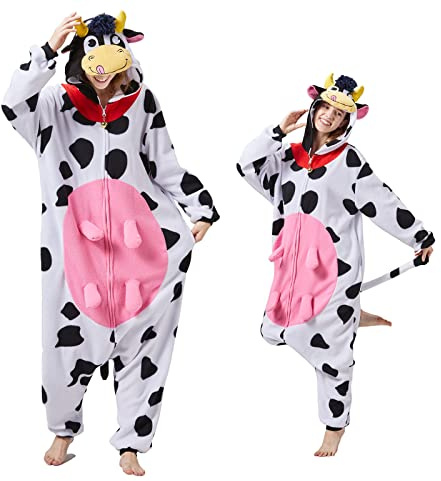 MAISUIZI Pigiama intero a forma di mucca, per adulti, unisex, con campana, per cosplay, Halloween, Natale, costume da notte, Pigiama a tutina mucca, M