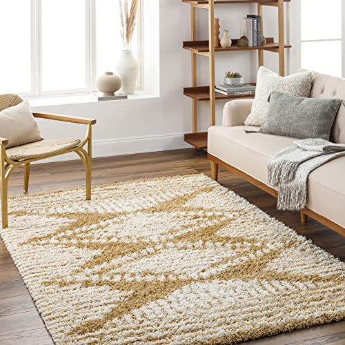 Livabliss Tuzla Shaggy Berber - Flauschiger groß für Wohnzimmer, Esszimmer, Schlafzimmer, Langflor Hochflor e flauschig - 160x220 cm, Wohnzimmer in Senfgelb und Weiß