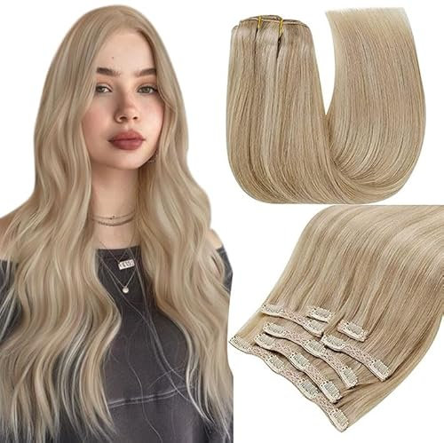 RUNATURE Echthaar Extensions Clip Blond Hervorheben Glatt Echte Haare 45cm Clip in Extensions Echthaar 120g 7 Stück Clip Extensions Echthaar Goldblond Mit Hellblond #16P22