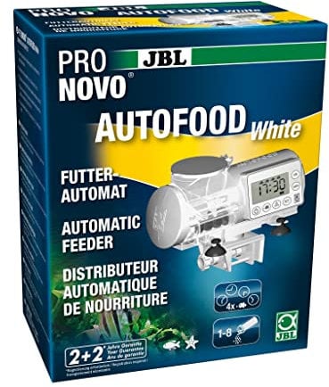 JBL PRONOVO AUTOFOOD, Futterautomat für Aquarium, Fütterung mit Fischfutter-Granulat bis zu 4x täglich, Inkl. Halterung und Adapterring zur Erweiterung des Volumens auf 375 ml, Weiß