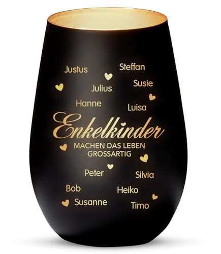 Love Faith Meine Enkelkinder Windlicht Schwarz/Gold - Personalisiertes Windlicht für Teelichter mit Namen-Gravur - Geschenk für Oma & Opa