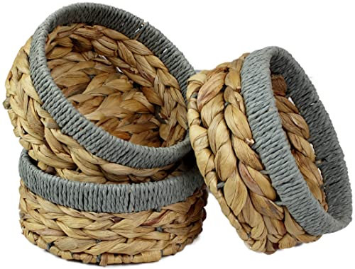 Small Water Hyacinth round baskets for storage Natural colour with grey edges shelves open. Decorative gift box Small bathroom mini tray makeup bathroom Kitchen organiser (Medium 18cm, 3 X Basket)