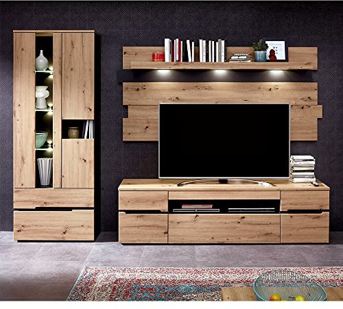 Lomadox Moderne TV Wohnwand inkl. LED-Beleuchtung in Artisan Eiche Nb. mit Graphit, B/H/T: ca. 287/197/47 cm