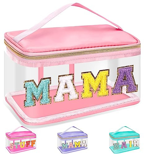 izuzta Make-up-Tasche aus Chenille, mit Griff, transparent, MAMA-Pink
