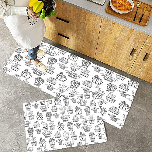 Kitchen Rugs Set 2 Piece Non-Slip Kitchen Mats and Rugs,Cactus,Doodle Flowers in Pots with Polka Dots and Zig Zags Tropical P,Rubber Backing Durable Floor Mat Doormat Machine Washable(40x60+40x100cm)