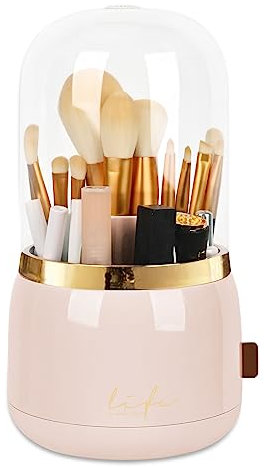 WAFJAMF Makeup Organiser Brush Holder 360 Rotating Cosmetics Organizer Large Capacity Storage Box with Lid Dustproof 7 Slot Makeup Brush Container - Upgrade Style - Blush Pink
