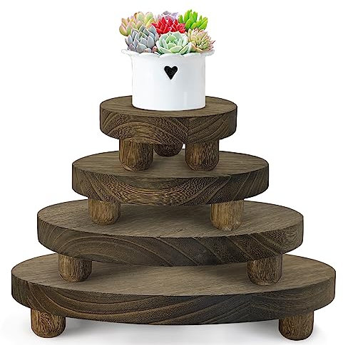 DEMULANS Wood Plant Stand Set of 4,mini Plant Stool 10 8 6 4 Inch, Wooden Display Risers Round Pedestal Counter Decor Holder Tiered Tray for Indoor Home Kitchen Patio Decoration (Dark Brown-4pack)