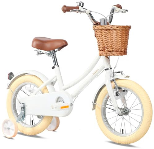 Glerc 12 Zoll Kinder Mädchen Fahrrad für 3 4 5 Jahre alt kleine Mädchen Retro Vintage-Stil Fahrräder mit Korb Stabilisatoren und Glocke, Weiß