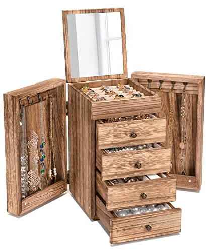 Emfogoo Joyeros Mujer Organizador, Grande Organizador Joyas Madera con Espejo, Joyero Gran Capacidad con Cajón de 4 Capas, Joyero Mujer para Collares, Pendientes, Anillos, Pulseras (Marrón Rústico)