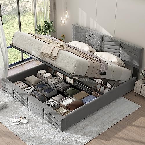 Tkopy Polsterbett 180x200, Doppelbett mit Lattenrost und Höhenverstellbares Kopfteil, Bett mit Stauraum, Stauraumbett, Hydraulisches Funktionsbett, Samt, Grau (ohne Matratze)