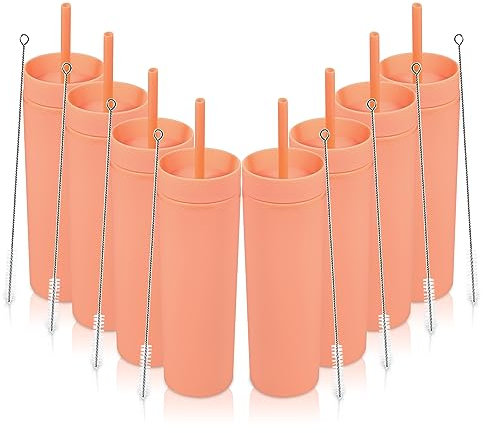 Volhoply 480ml Plastique Skinny Gobelet Avec Couvercle et Paille Bulk 4 Pack, Isolé Double Paroi Bpa Free Matte Acrylique Gobelet, Café glacé Voyage Gobelet Party Cup,Cadeaux Diy(orange,8 Set)