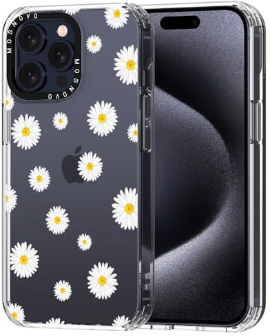 MOSNOVO Case for iPhone 15 Pro Max, [Buffertech 6.6ft Military-Grade Drop Protection] [Anti Peel Off Tech] Clear TPU Bumper Phone Case Cover Design - White Daisy