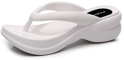 New front Chanclas de Fondo Grueso para Damas Nuevas de Verano Tacón de Cuña Arrastra Usar Sandalias de Playa con Punta de Clip Caseras Cómodas,Blanco,39