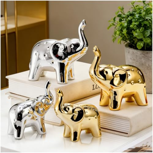 Pumtus 2 Paar Elefantenstatue Home Decor, Viel Glück Keramik Elefanten Figuren, Moderner Stil Elefant Dekor, Niedliche Tierskulptur für Wohnzimmer Bücherregal Desktop Büro (Gold & Silber)