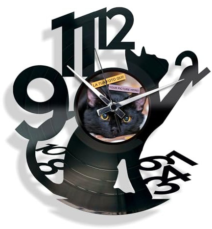 DISCOCLOCK FELIX - Leise und einfach zu montierende Vinyl-Uhr - Moderne Wanduhr für Küche, Salon. Geschenkidee für Katzenliebhaber und Tierliebhaber… (Personalisierbares Zifferblatt)