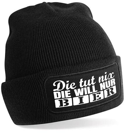 Herzbotschaft Beanie Strickmütze mit Spruch | Die TUT nix. Die Will nur Bier | schwarz | Unisex SoftTouch angenehm weiche und warme Wintermütze | OneSize Einheitsgröße für Erwachsene