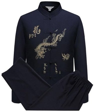 YUANZHOU Costume De Tai Chi Chinois Costume Tang Hommes Vêtements Traditionnels Hanfu Manches Brodées Hauts Et Pantalons Boucle Col Montant Broderie,Black-42