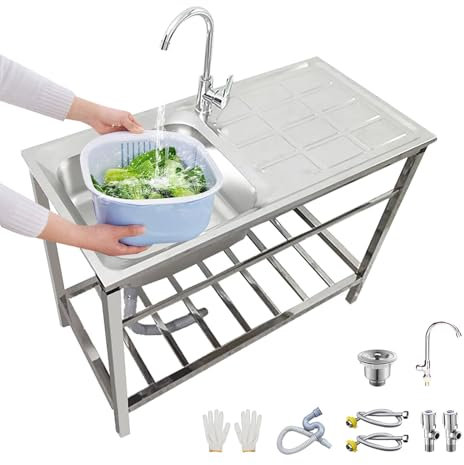 Fregadero de Cocina Comercial de Acero Inoxidable, Fregadero para hostelería, Independientes Fregadero Multiusos con Grifo De Agua Fría Y Caliente, Para Interiores Y Exteriores, Fácil De Montar (Size