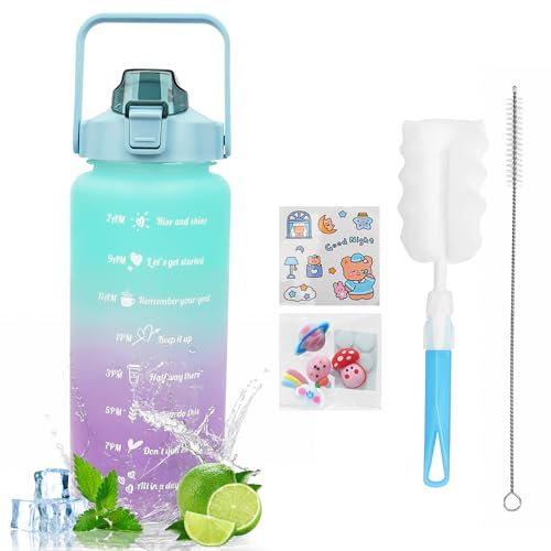 MOMSIV Trinkflasche 2L BPA-Frei, Große Kapazität Auslaufsicher Sport Wasserflasche mit Strohhalm Zeitmarkierungen to Drink & Lock Cover, Tritan-Wasserkrug Sportflasche für Die Fahrrad, Schule, Gym