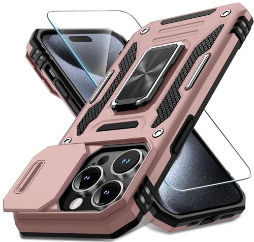 DEERLAMN for iPhone 15 Pro Max Case with Slide Camera Cover+Screen Protector(1 Pack), Rotated Ring Kickstand Military Grade Shockproof Protective Cover 6.7 Inch-Rose Gold