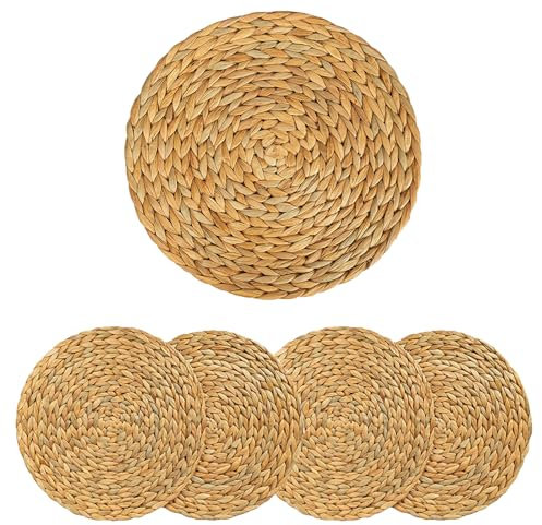 4 Pack Round Woven Placemats, GUDAGUU Plate Chargers Natural Wicker Placemats Water Hyacinth Straw Braided Tablemats Rattan Tablemats Rustic Weave Place Mats for Dining Table (Brown, 11.8 inch)