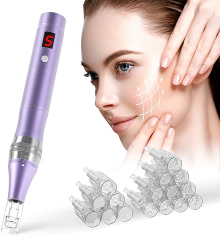 Professional Wireless Microneedling Pen Derma Pen with 16 Replacement Cartridges 5 Speeds Adjustable Micro Needling Microneedle Machine for Skin Care (Purple)