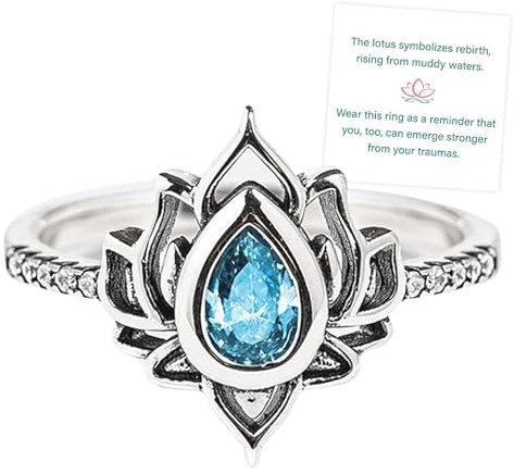 Fuck My Trauma Lotus Ring, S925 Silber einstellbar Lotusblume Ringe, hochpoliert anlaufen Zirkon eingelegt, Inspirational Ring Schmuck Geschenke für Frauen Schwestern Freunde (Blau,10)