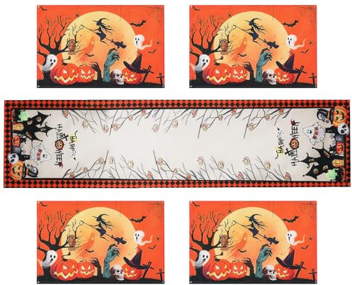 Simpeak Halloween Tischläufer mit 4 Tischsets, Halloween-Kürbisse Polyester Tischdekoration für Halloween Party Küche Esszimmer Ferienhaus Tisch Decor, 30 x 180 cm/12 x 71