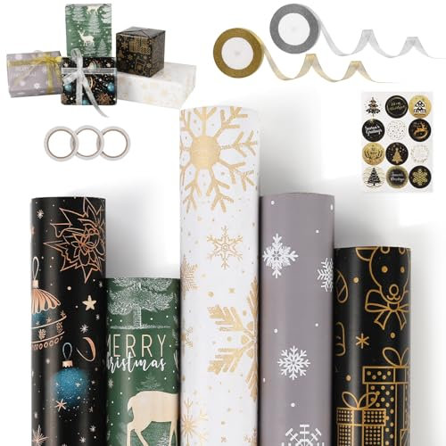 5 Rollen Geschenkpapier Weihnachten, 43 x 300cm Geschenkpapierrolle, Weihnachtsgeschenkpapierrolle mit Aufklebern und Schleifenband, Geschenkpapier Weihnachten Set New Year für Geschenkverpackung