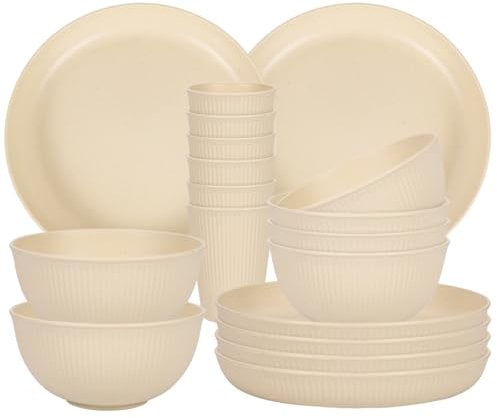 Juego de vajilla para 6, juego de vajilla ligera e irrompible de 18 piezas, platos de 23 cm, cuencos de 15 cm, tazas, platos de cocina y cuencos (beige)