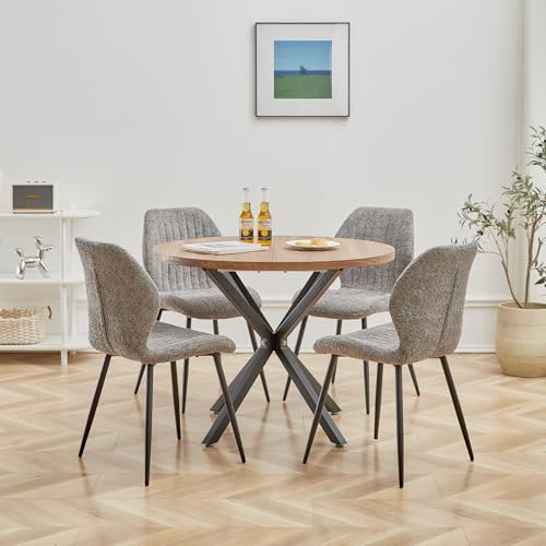 DEYARNA HOME Essgruppe 5-Teilig, 100cm Runder Esstisch und 4 Leinen-Esszimmerstühle, Esstisch und Stühle für 4 Personen, 4 Stühle & Tisch für Küche, Esszimmer und Wohnzimmer (Dunkle Holzfarbe+Grau)