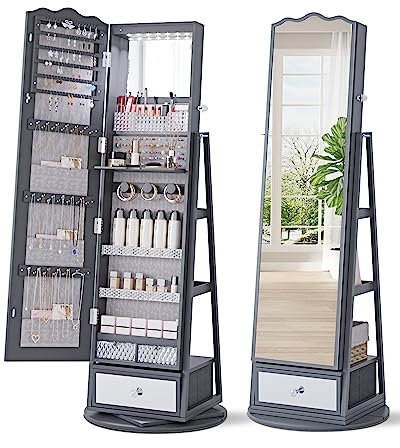 FREDEES Vollspiegel Schmuckschrank: 360° drehbarer Schmuckschrank mit LED-Lichtern, Integrierter Schminkspiegel, Abschließbarer Stehender Schmuckorganizer mit Großem Stauraum, Grau