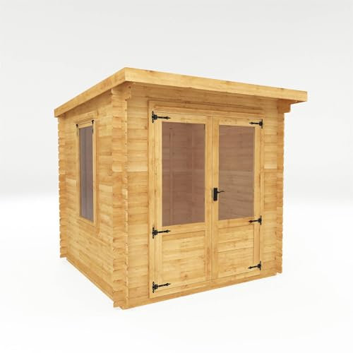 WALTONS | Wooden Log Cabin 2.4m x 2.4m | Pent Roof | Garden Room | 19mm Interlocking Log Boards | Double Doors
