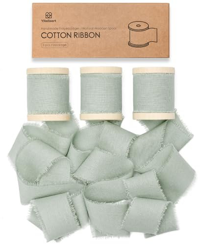 Vitalizart Baumwollband 3,8 cm x 13,7 m Staubig Grün, Handgefertigte Ausgefranste Fransen Stoffbänder für Geschenkverpackungen, Hochzeit Einladungen, Brautsträuße, Weihnachten Dekorationen