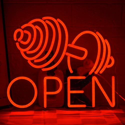 LMSIGNLY Hantel Neon Schild Rotes Gym Barbell Neon Offenes Schilder für Business Dimmbare Gym Fitness Neon Licht für Sportraum Workout Fitness Club Gym Open Wall Art Decor Geschenk