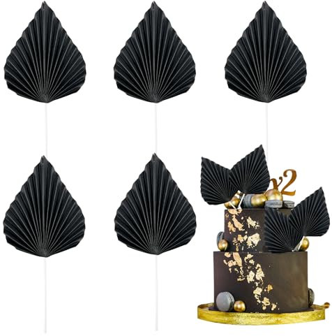 Bliceon 6 Pcs Black Palm Leaf Fans Cake Toppers - Tropical Palm Leaf Cupcake Picks and Decorations for Baby Showers, Weddings, Birthdays, DIY Crafts - Party Supplies