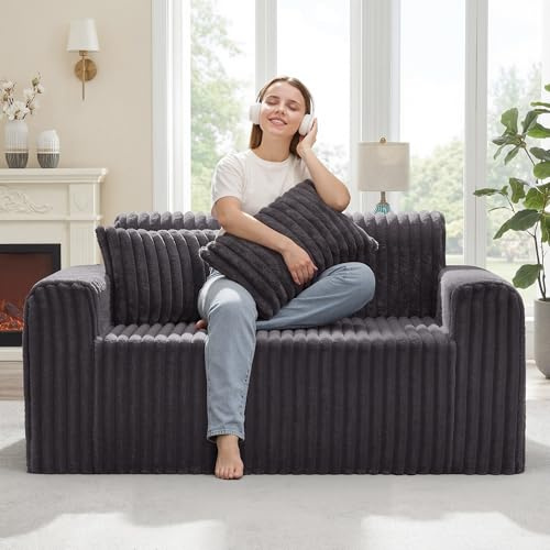 Hobestluk Zweisitzer-Schaumsofa mit Kissen, flauschig für kleine Räume | Dunkelgrau, Loveseat, Kunstfell, weiche Stütze, 2 Lendenkissen, montagefrei, kompakte Größe, für Wohn-/Schlaf-/Büro-/Wohnheim