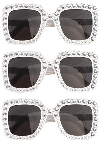Chaks - Rechteckige Retro Sonnenbrille 3er Set mit Strass | Schwarz getönte Partybrille, Festival und Karneval Accessoire, Vintage Design mit Kunststoff Gestell