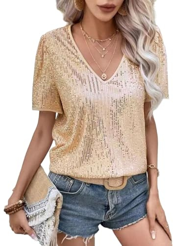 Ellunis Damen Pailletten Glitzer Tops Kurzarm V-Ausschnitt Shirt Bluse Party Cocktail Oberteile Club Night Outfits