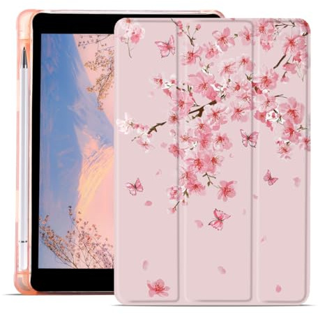 AdorableWhimsy Cherry Blossoms Case for iPad A16 11th Generation 11 /iPad 10th Generation 10.9 Cute Floral Butterfly Trifold Stand Pink Leather Case with Pencil Holder Auto Wake/Sleep