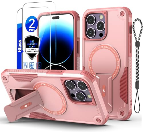 for iPhone 14 Pro Max Case [Compatible with MagSafe][with 2*9H Tempered Glass Screen Protector], Built in Invisible Stand,Shockproof Protective Phone Cover,for iPhone 14 Pro Max 6.7(Pink)