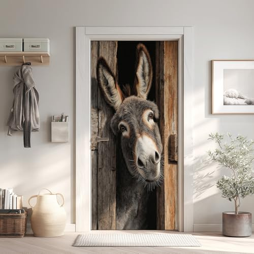 Lustige Esel Türtapete Türposter Türfolie Selbstklebend PVC, Tier Türaufkleber Abnehmbar Wasserdicht 95x205 cm, Holztür Fototapete für Tür Wohnzimmer Kinderzimmer